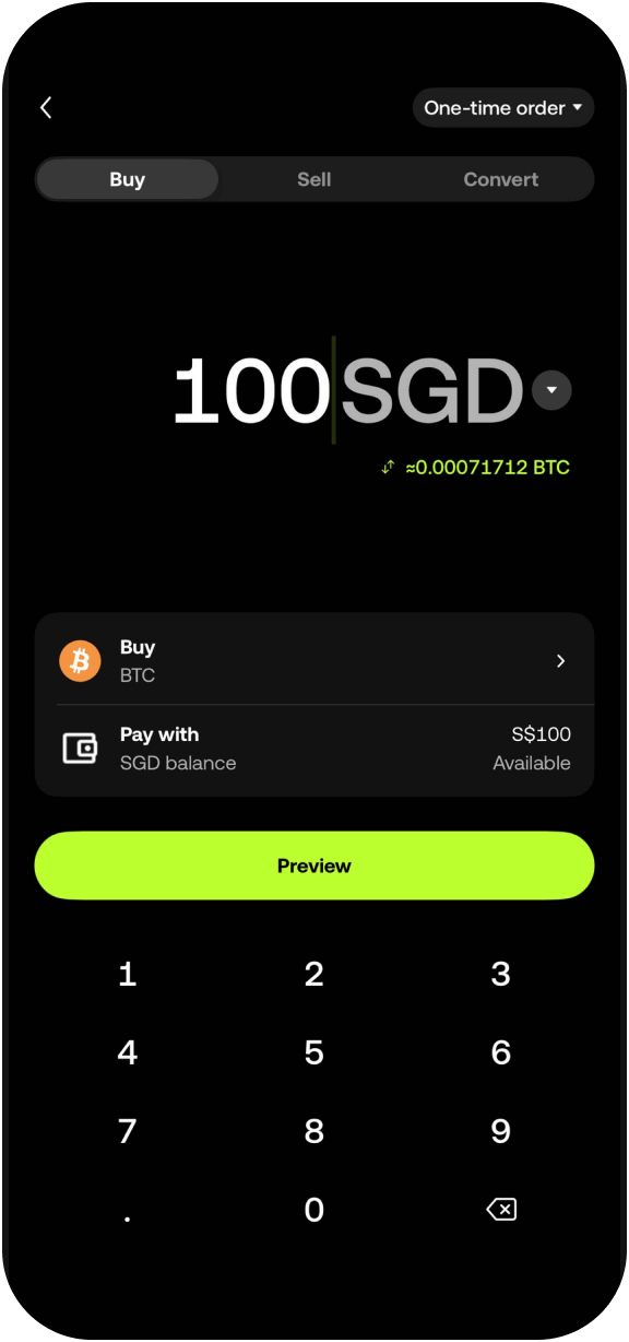 使用 SGD 和 USD,轻松交易数字资产
